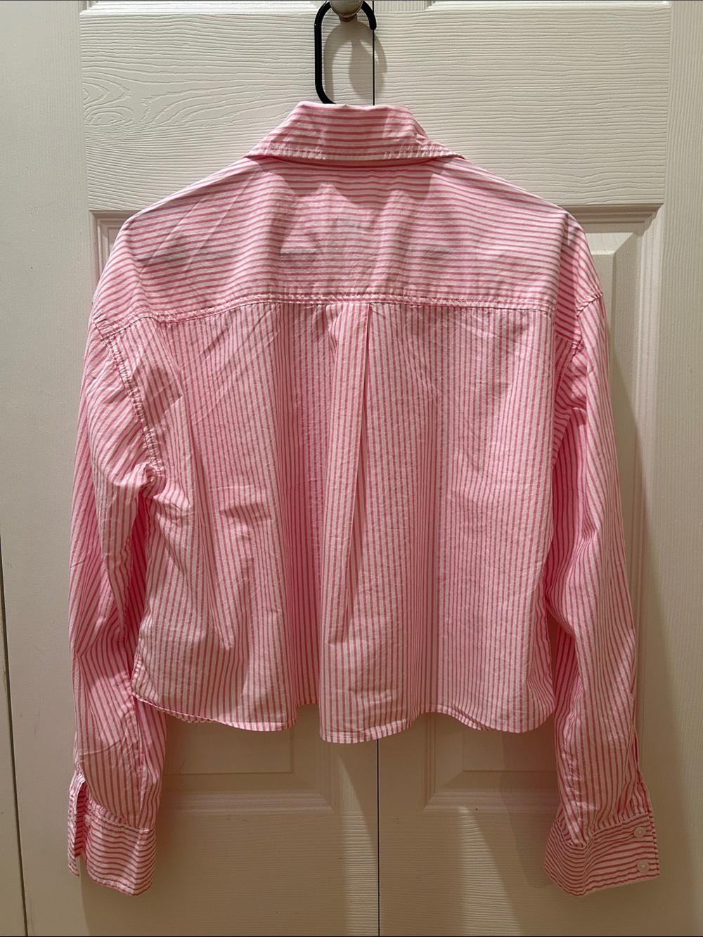 American Eagle Pink Striped Cropped Button-Up Shirt - Picture 2 of 2
